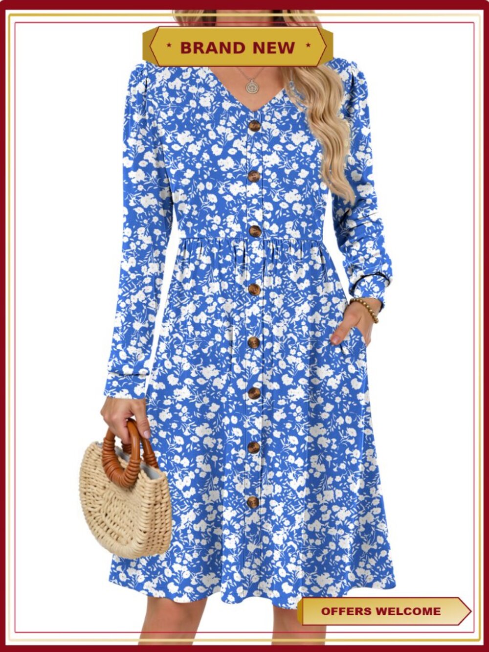 Long Sleeve V Neck Button Floral Midi Dress with Pockets